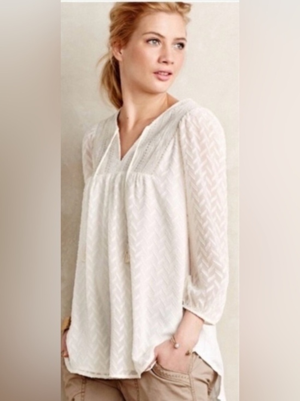 Anthropologie One September Gold Threaded Peasant Blouse